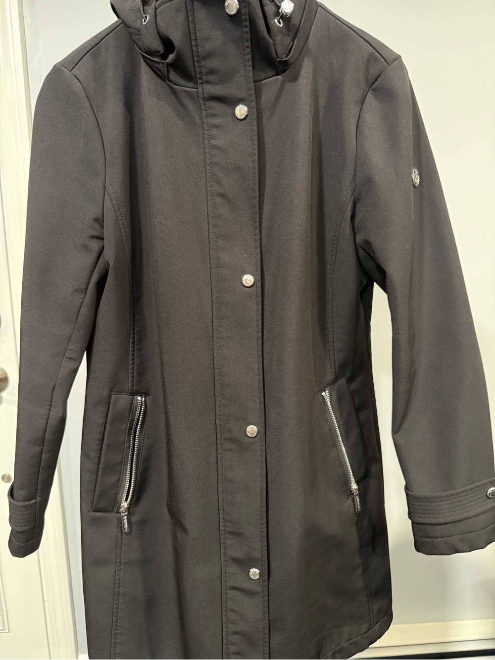 Calvin Klein Black Hooded Trench Coat with Zip Pockets